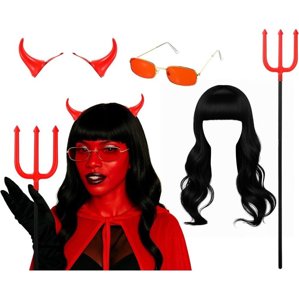 Halloween Devil Costume Accessories Set Wig Horns Fork Glasses Women
